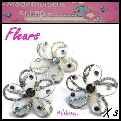 Fleurs tissu, métal, strass embellissement scrapbooking carte bijoux couture diy - 3 pièces