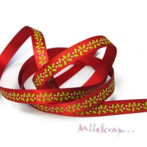 Ruban imprimé tissu satin "houx" noel embellissement scrapbooking carterie couture diy - 1 mètre