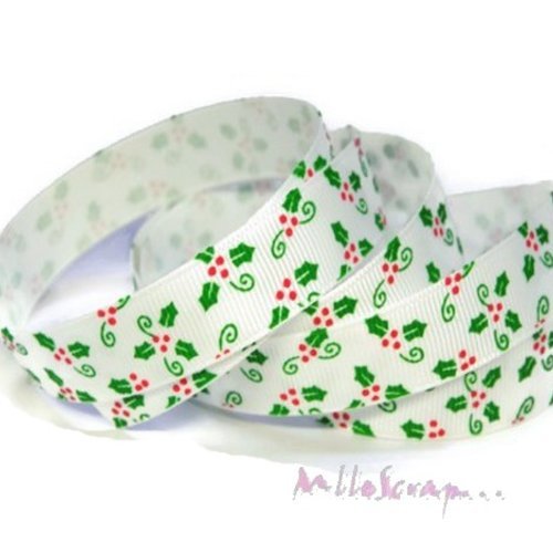 Ruban imprimé tissu satin "houx" noel embellissement scrapbooking carterie couture diy - 1 mètre