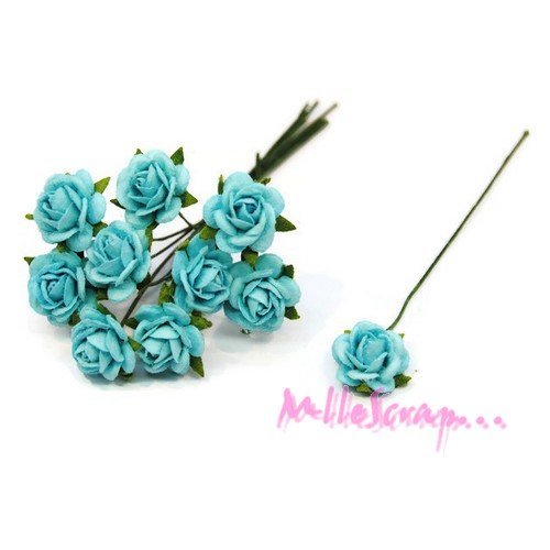 Petites roses bleu fleurs papier avec tige embellissement scrapbooking carte diy - 10 pièces