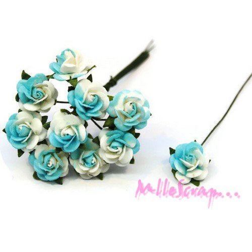 Petites roses bleu fleurs papier avec tige embellissement scrapbooking carte diy - 10 pièces