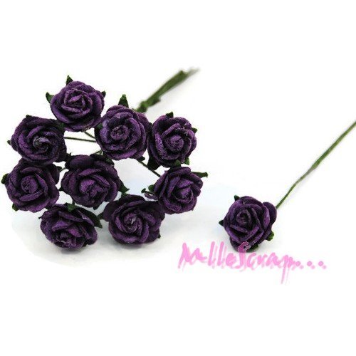 Petites roses violet fleurs papier avec tige embellissement scrapbooking carte diy - 10 pièces