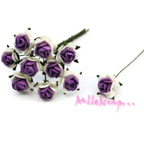 Petites roses violet fleurs papier avec tige embellissement scrapbooking carte diy - 10 pièces