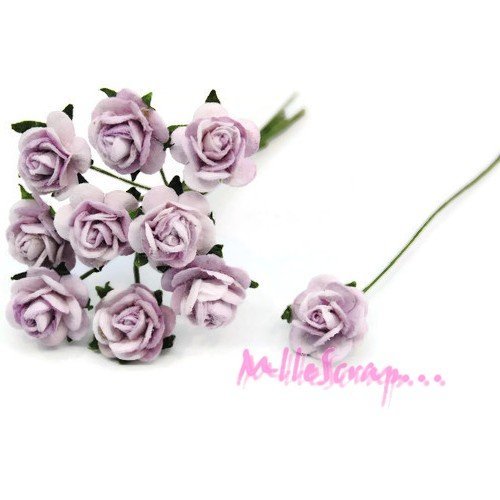 Petites roses violet fleurs papier avec tige embellissement scrapbooking carte diy - 10 pièces