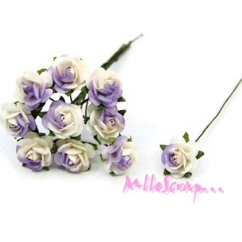 Petites roses violet fleurs papier avec tige embellissement scrapbooking carte diy - 10 pièces