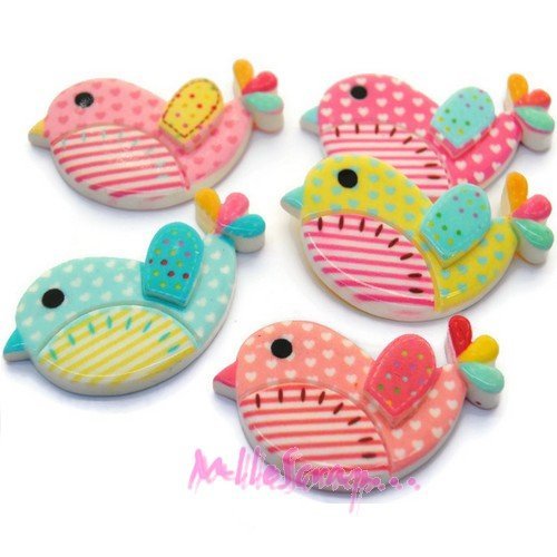 Cabochons oiseaux résine multicolore - 5 pièces