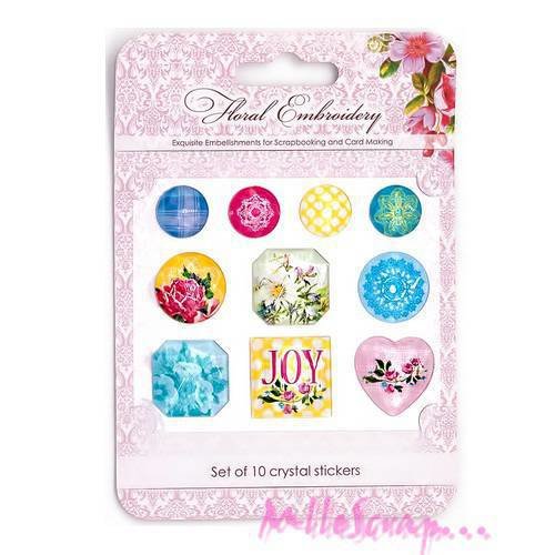 *lot de 10 stickers crystal autocollants "floral embroidery" embellissement scrapbooking (réf.510)* 