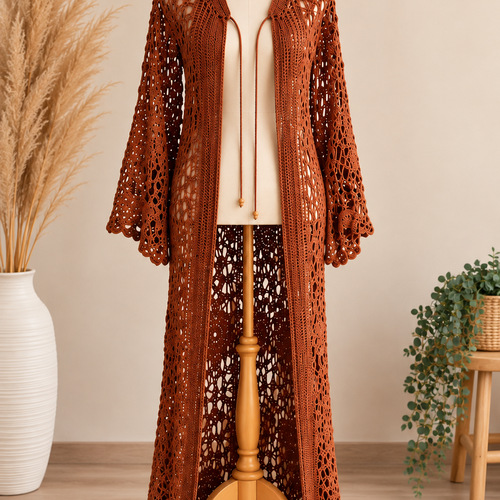 Cardigan long au crochet fait main -100% coton