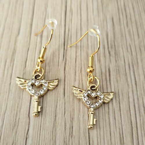 Boucles d'oreilles coeurs clefs dorés avec strass