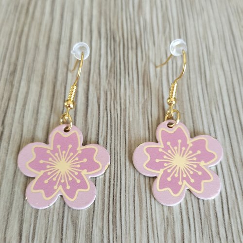 Boucles d'oreilles fleurs roses et dorées