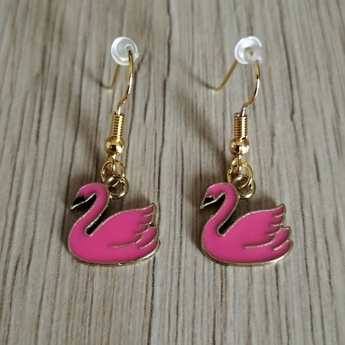 Boucles d'oreilles cygnes roses et dorés