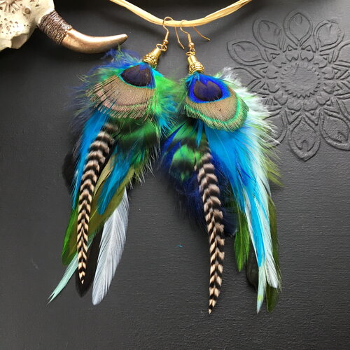 Boucles d'oreilles plumes de paon, grizzly, bleu, vert, bijoux plumes de paon, style bohème, boho chic, hippie, ethnique