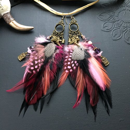 Boucles d'oreilles plumes noir, rose, fées, chouettes