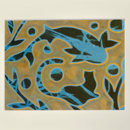 Série "les chats" : monotype acrylique original "le chat et le poisson" (pièce unique)