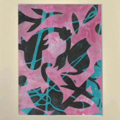 Œuvre originale "chats et poisson" - monotype acrylique unique (série "les chats")