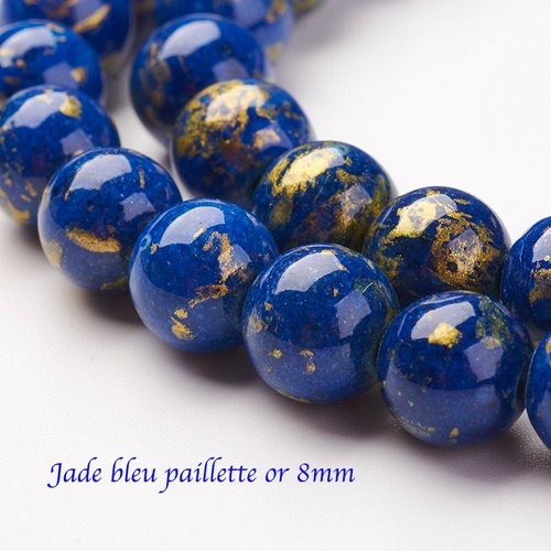 10 perles ronde jade mashan bleu paillette or 8mm