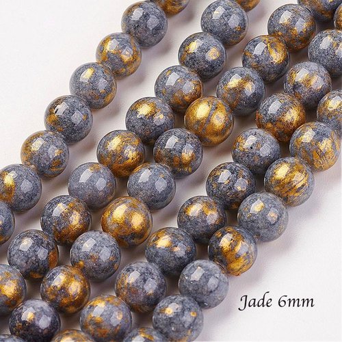 20 perles jade ronde gris paillete or 6mm