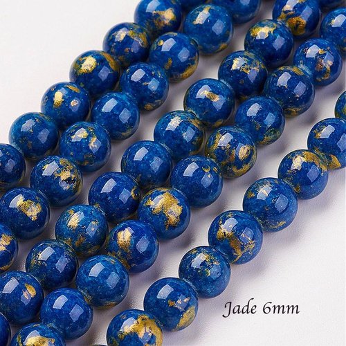 10 perles jade mashan ronde 6mm bleu nuit paillette or