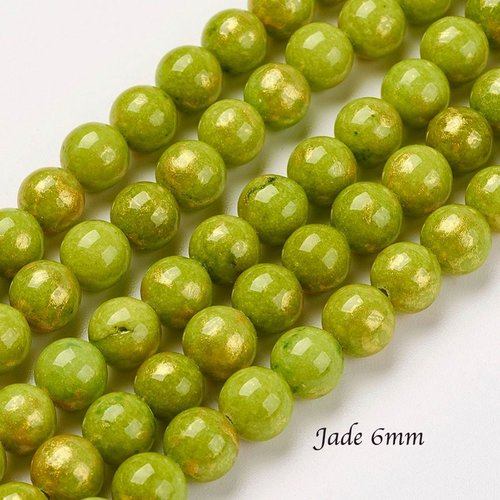 20 perles jade ronde 6mm chartreuse  paillette or