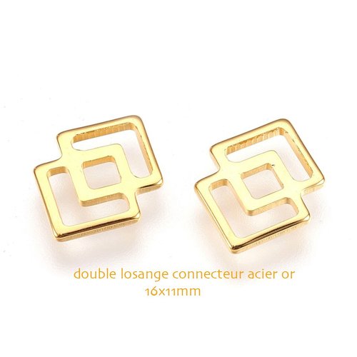 8 connecteurs acier inoxydable double losange or 16x11mm
