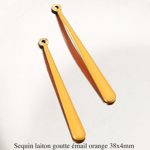 2pendentifs sequin laiton longue goutte émail orange 38x4mm