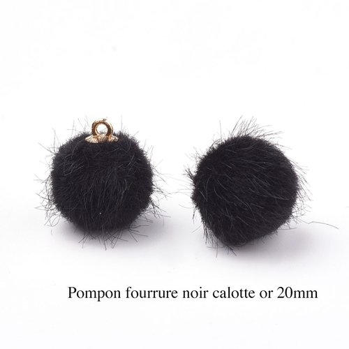 5 breloques pompon fourrure noire calotte or 20mm