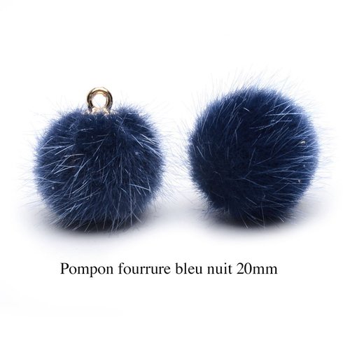 5 breloques pompon fourrure bleu nuit  calotte or 20mm