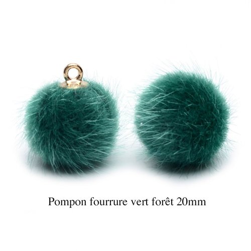 5 breloques pompon fourrure vert forêt calotte or 20mm