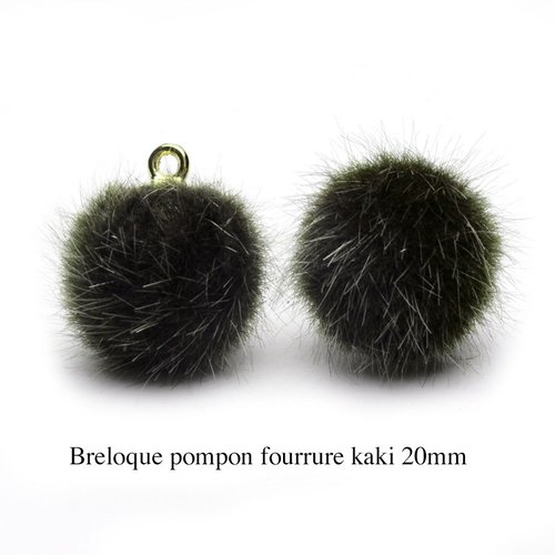4 breloques pompon fourrure kaki calotte or 20mm