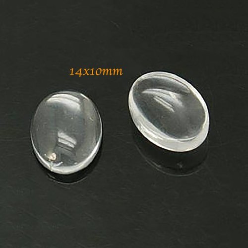 10 cabochons verre transparent ovale fond plat 14x10mm