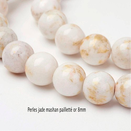 10 perles jade ronde blanche pailleté or 8mm