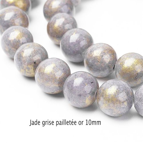 10 perles jade grise  ronde pailleté or 10mm