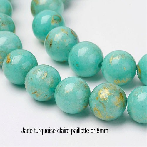 10 perles jade  turquoise claire  pailletté or 8mm