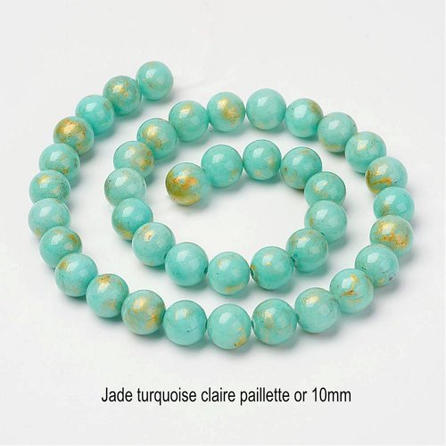10 perles jade ronde turquoise claire bleue pailletté or 10mm