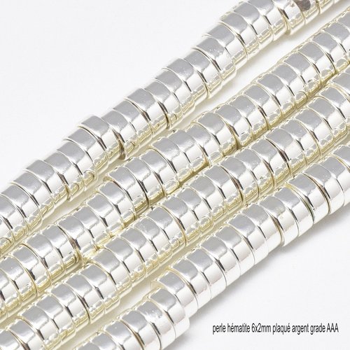 20 perles hématite non magnétique palet plat plaqué argent 6x2mm