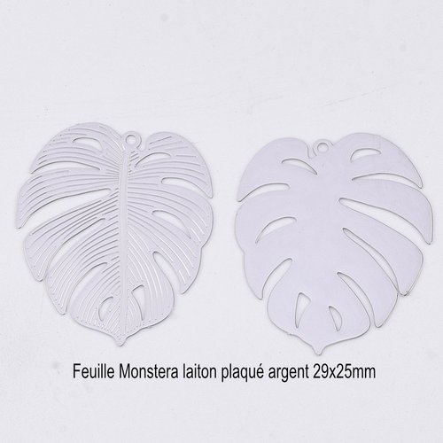2 estampes  feuille 29x25mm monstera laiton plaqué argent