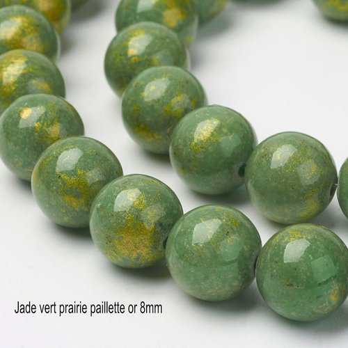 10 perles jade ronde vert prairie pailletté or 8mm