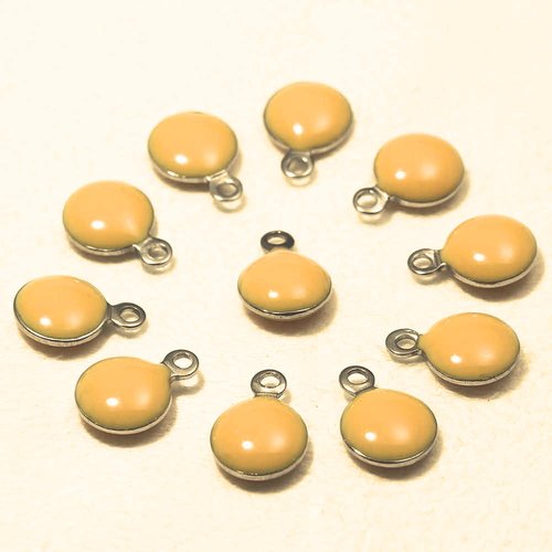 10 sequins rond  acier inoxydable émaillé jaune/orange bi face  11x8mm