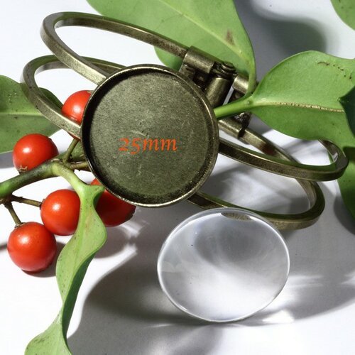 1 support bracelet double jonc rigide  bronze  +cabochon verre 25mm
