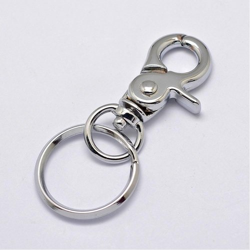 2 porte clefs mousqueton métal argenté couleur platine ciselé  68mm