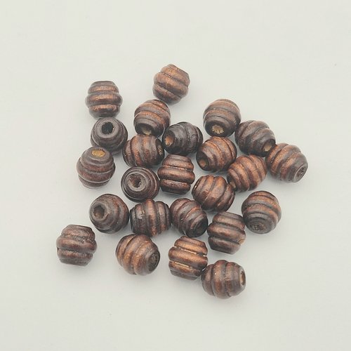 30 perles miniatures en bois relief circulaires chocolat 10x10mm