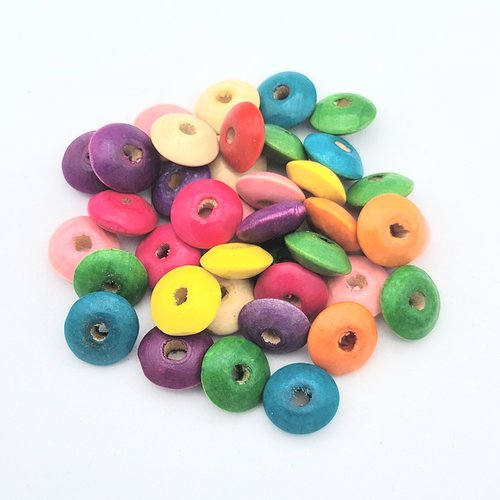 30 perles multicolore bois pastilles  rondes 14mm