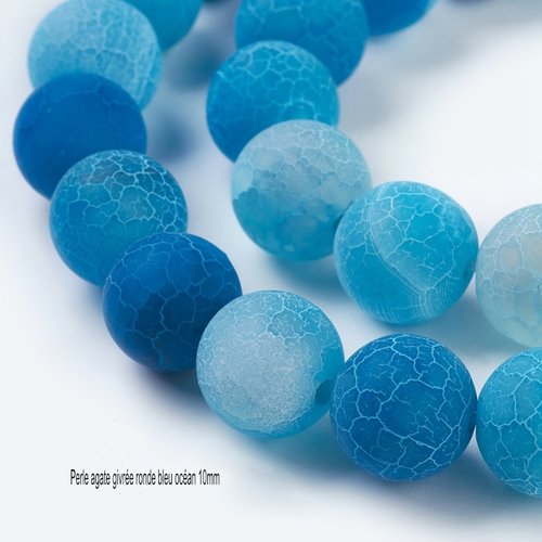 10 perles agate ronde givrée 10mm bleu océan
