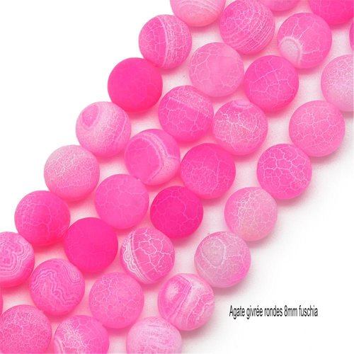 20 perles d'agates naturelles teintées givrée rose fuschia 8mm