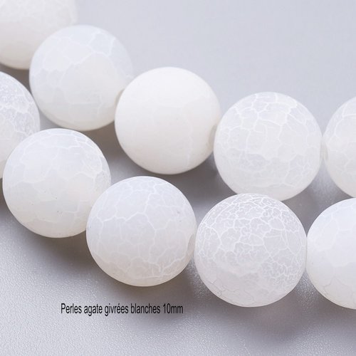 10 perles rondes agates givrée marbrée blanches 10mm