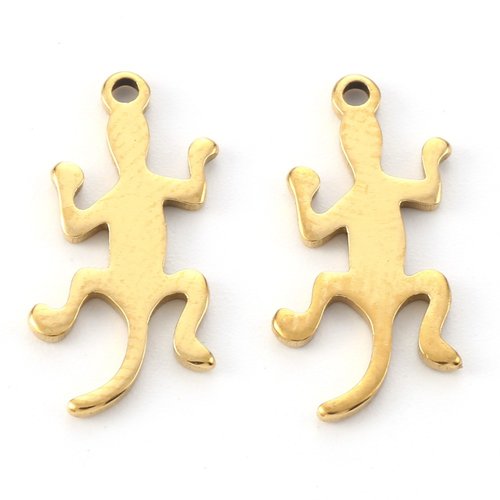 6 breloques acier inoxydable or  gecko  17x9mm