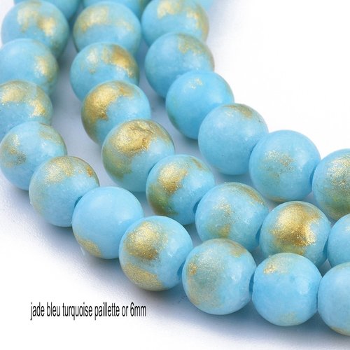 20 perles jade ronde 6mm naturel teinté paillette or bleu turquoise