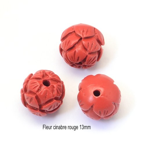 4 perles fleur cinabre rouge 13mm