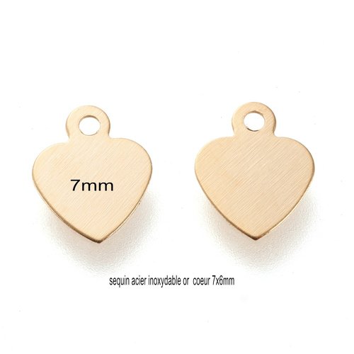 10 sequins coeur acier inoxydable or 7x6mm