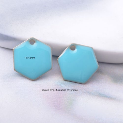 2 sequins laiton émaillé turquoise hexagonal 12mm